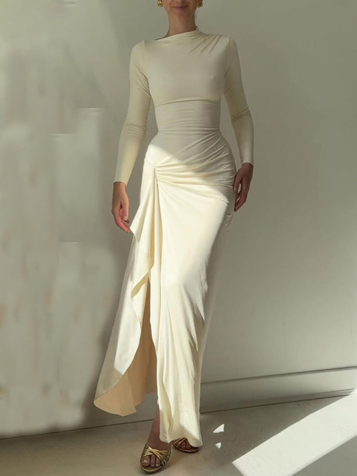 Seraphina - Elegant Ruched Side Slit Drape Ruffles Back Lace-up Stretch Maxi Dress