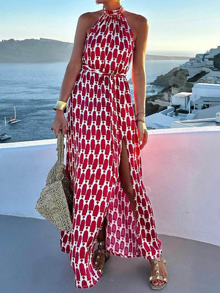 Sienna - Sexy And Fashionable Printed Halter Neck Beach Slit Midi Dress
