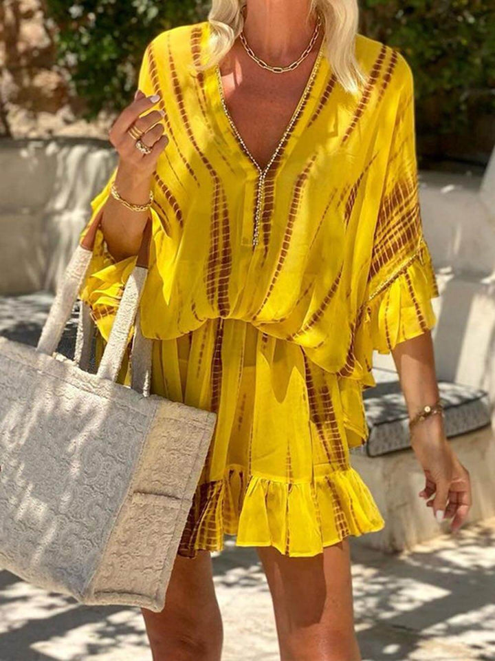 Zaria - Unique Tie Dye Ruffle Batwing Sleeve Elastic Waist Kaftan Mini Dress
