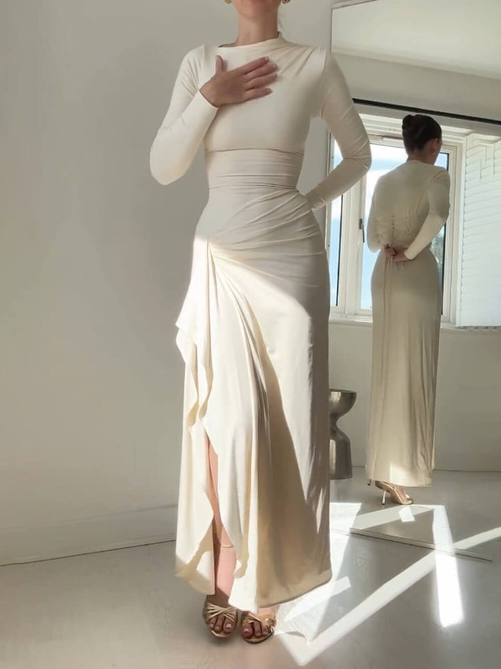 Seraphina - Elegant Ruched Side Slit Drape Ruffles Back Lace-up Stretch Maxi Dress