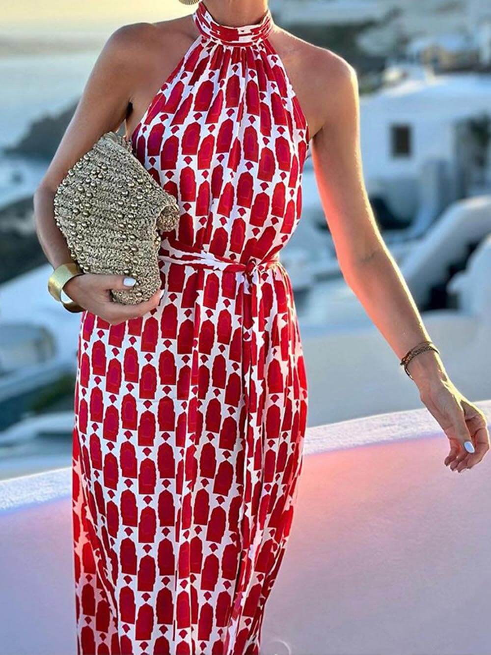 Sienna - Sexy And Fashionable Printed Halter Neck Beach Slit Midi Dress