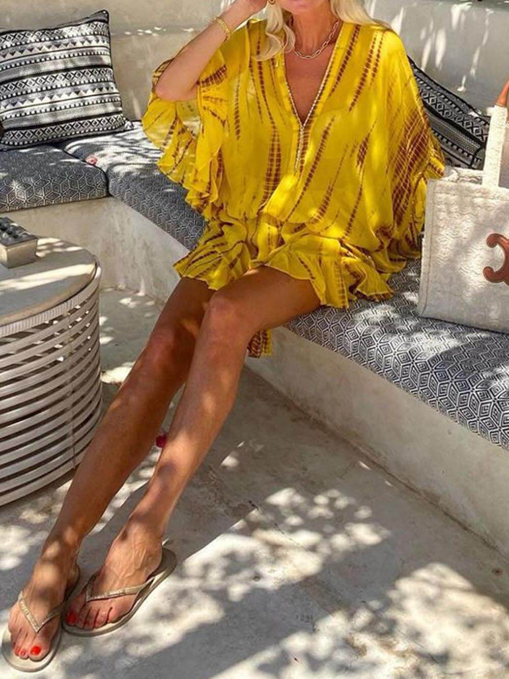 Zaria - Unique Tie Dye Ruffle Batwing Sleeve Elastic Waist Kaftan Mini Dress