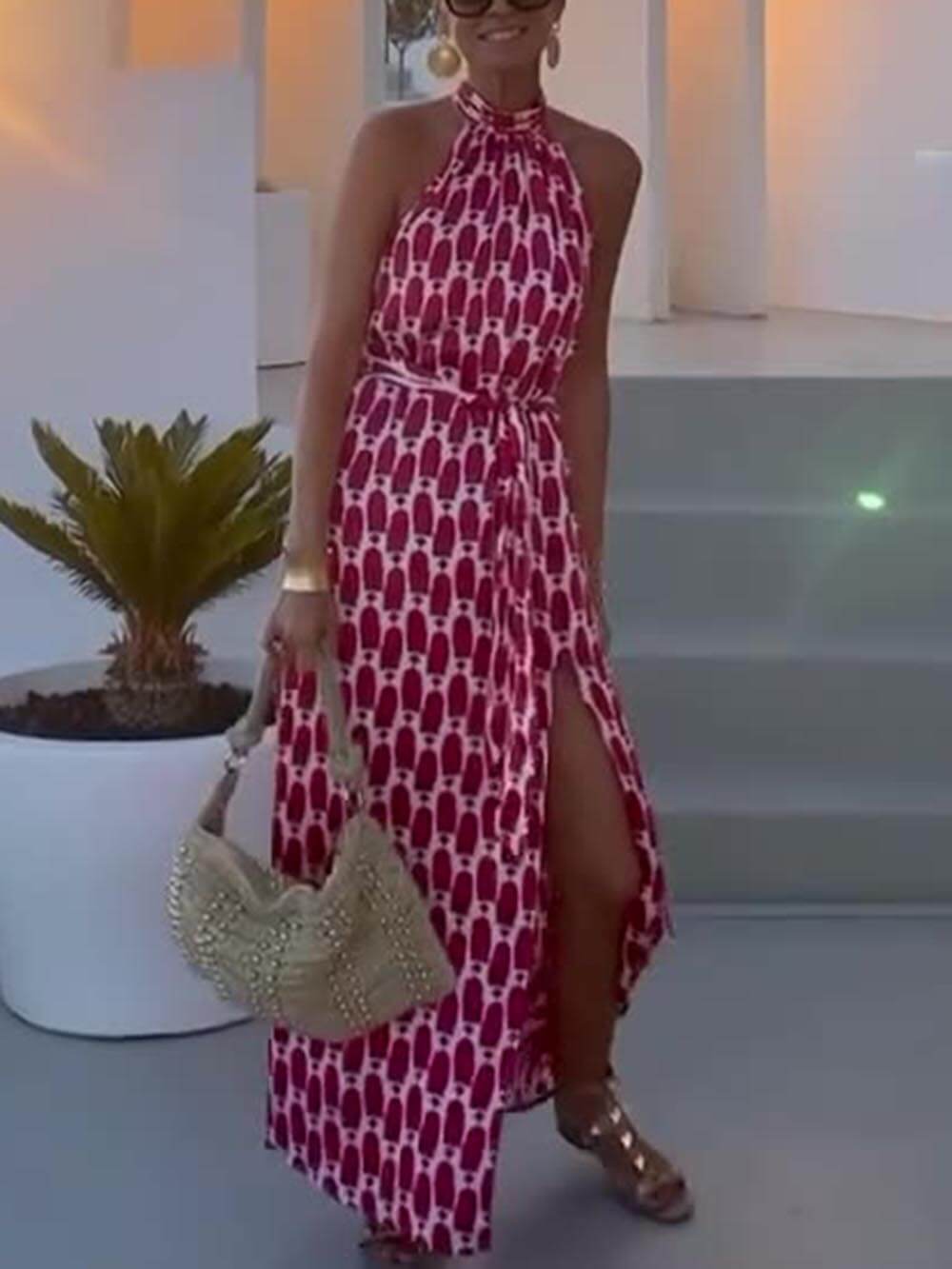 Sienna - Sexy And Fashionable Printed Halter Neck Beach Slit Midi Dress