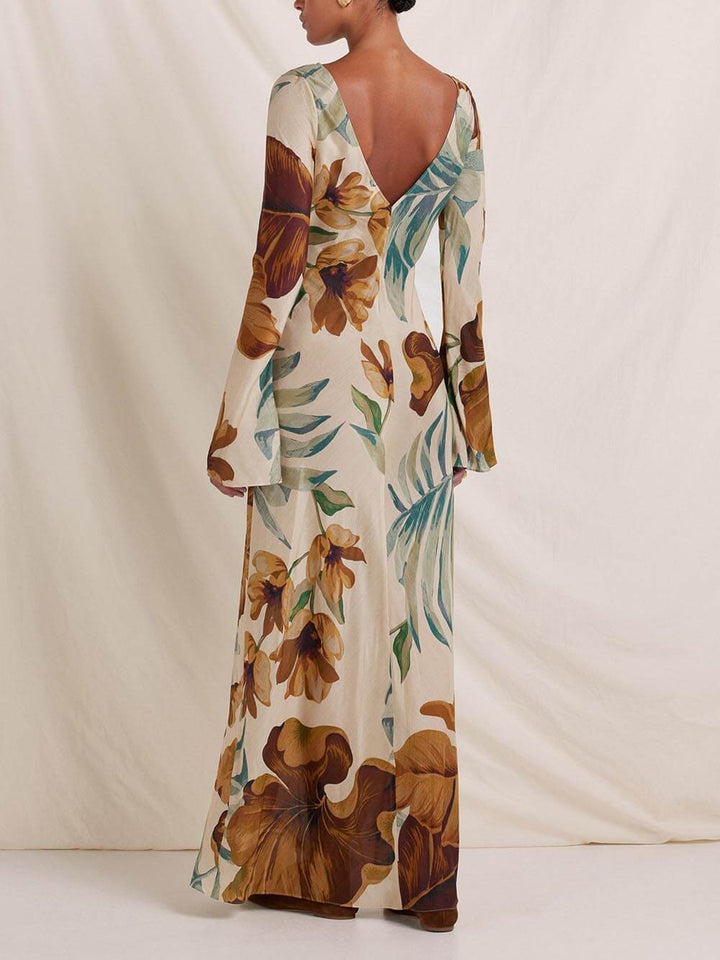 Elara - Simple Unique Plant Pattern Print Back Hollow Out Maxi Dress
