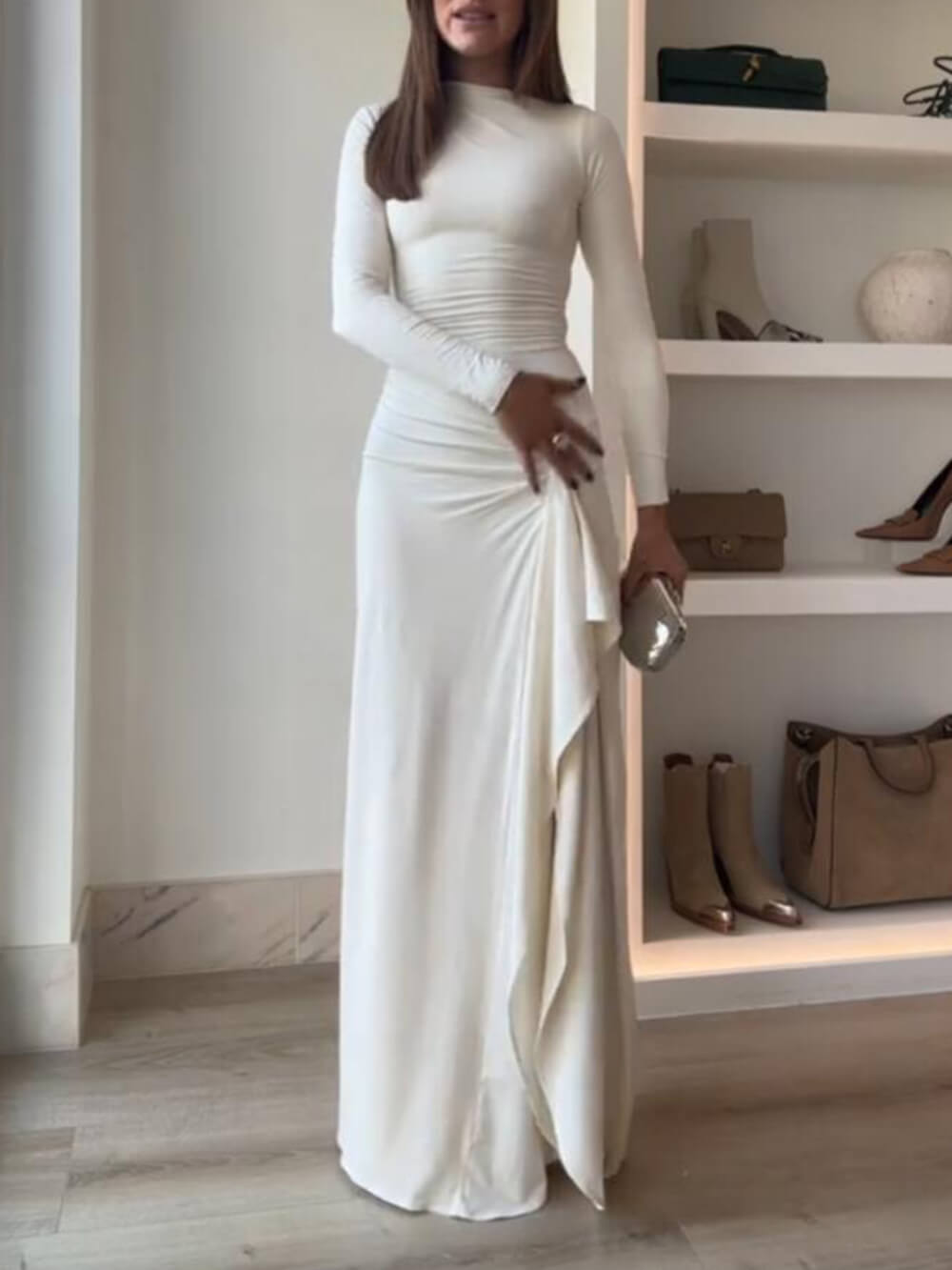Seraphina - Elegant Ruched Side Slit Drape Ruffles Back Lace-up Stretch Maxi Dress