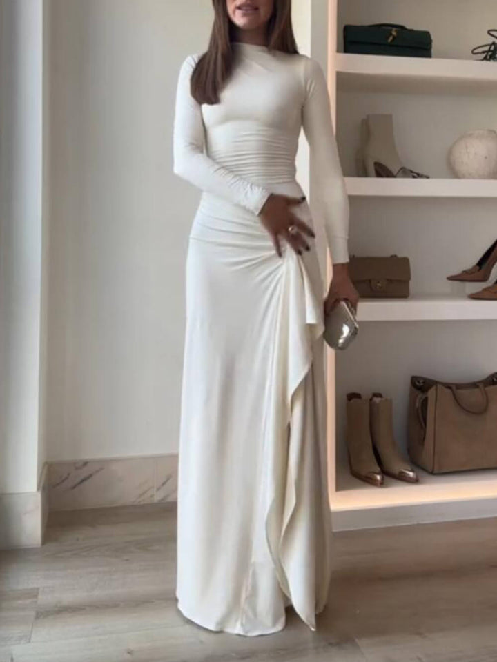 Seraphina - Elegant Ruched Side Slit Drape Ruffles Back Lace-up Stretch Maxi Dress
