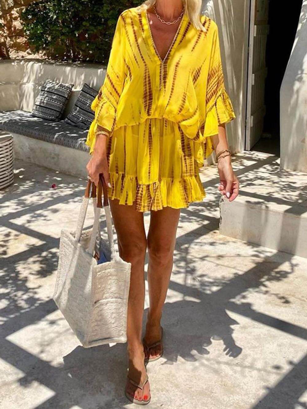 Zaria - Unique Tie Dye Ruffle Batwing Sleeve Elastic Waist Kaftan Mini Dress