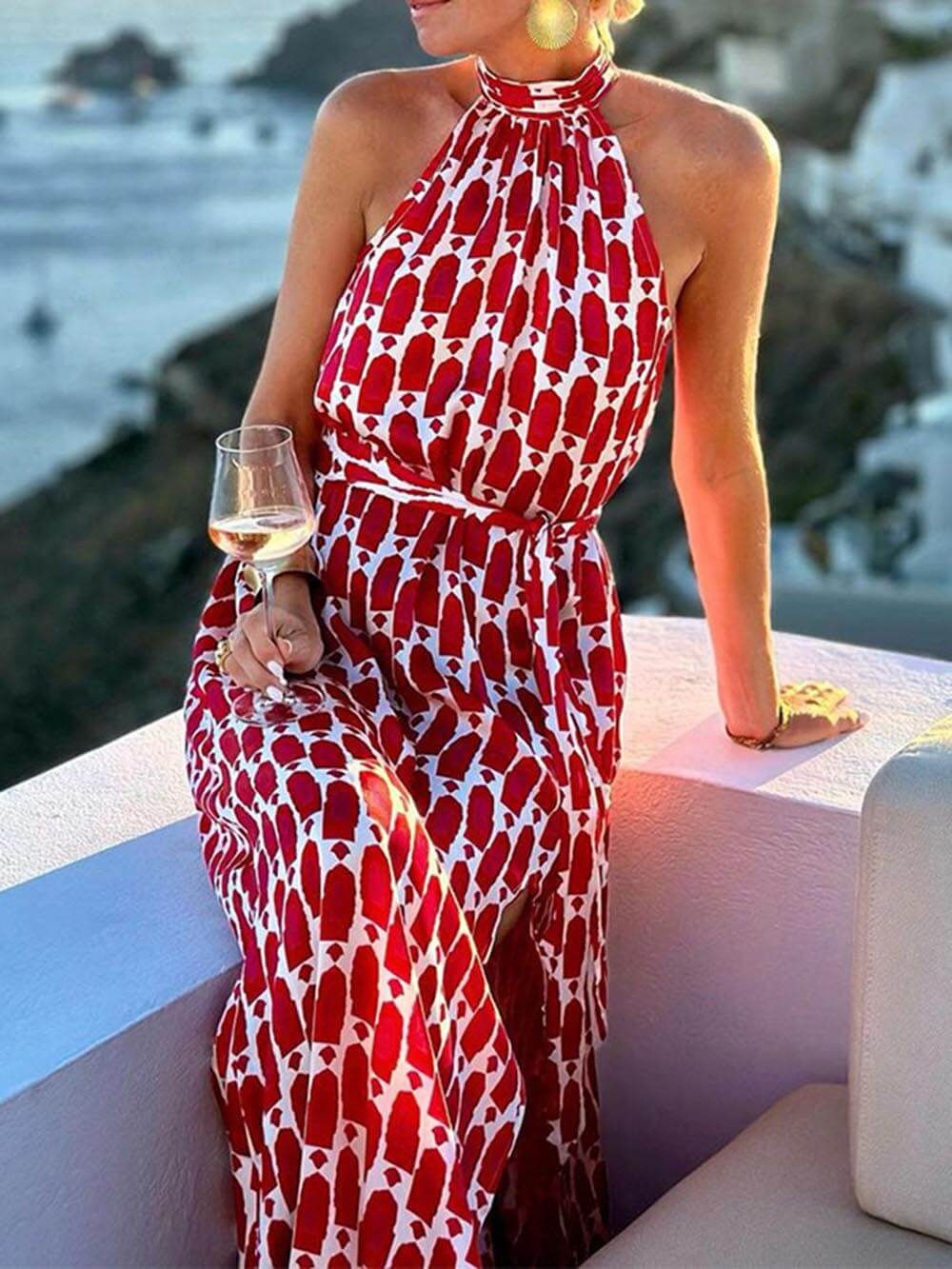 Sienna - Sexy And Fashionable Printed Halter Neck Beach Slit Midi Dress
