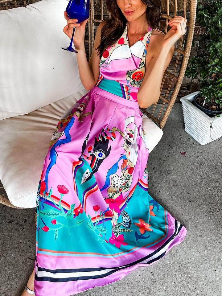 Selene - Elegance Unique Satin Print Back Tie-up Pocket Halter Maxi Dress
