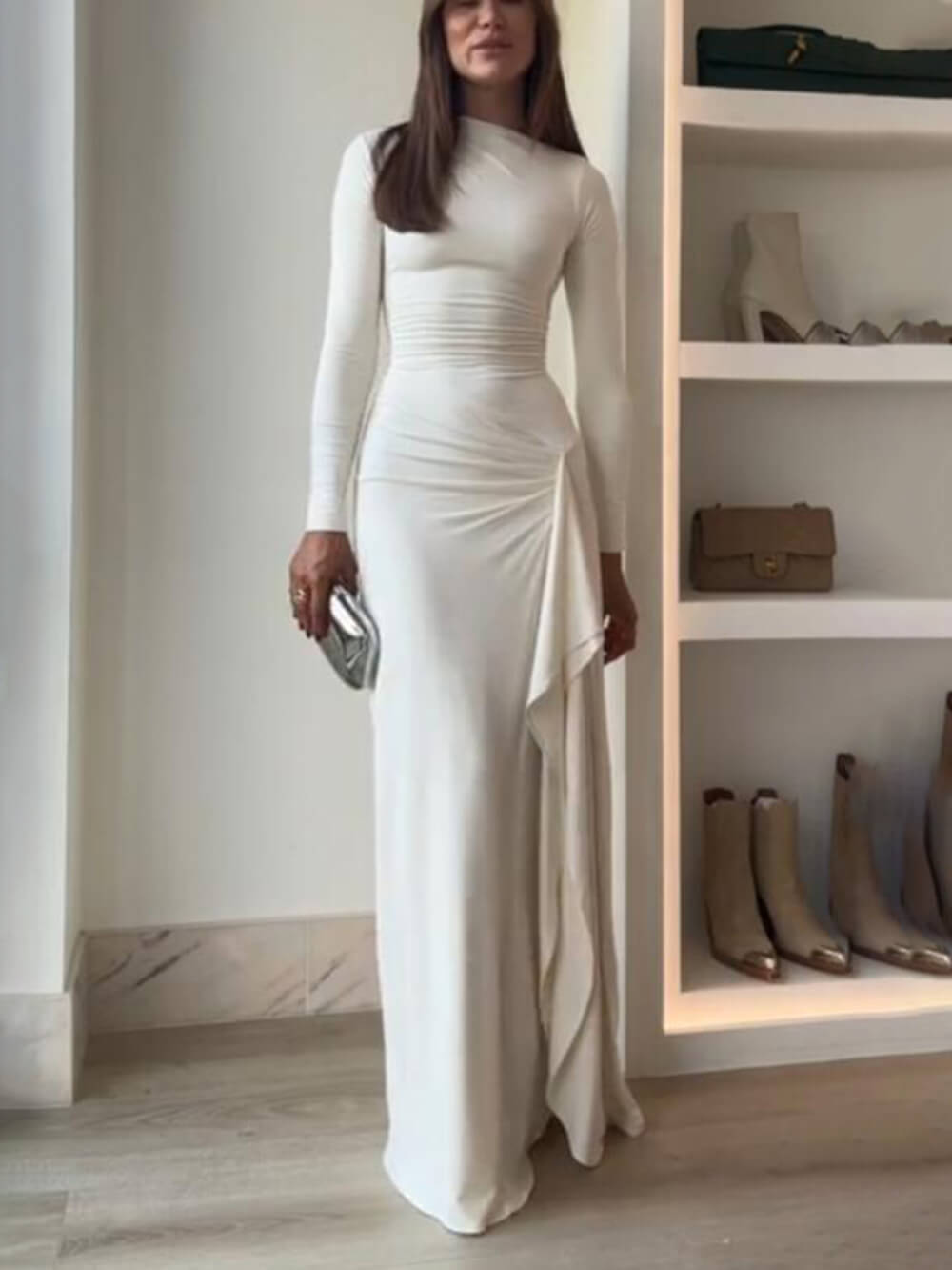 Seraphina - Elegant Ruched Side Slit Drape Ruffles Back Lace-up Stretch Maxi Dress