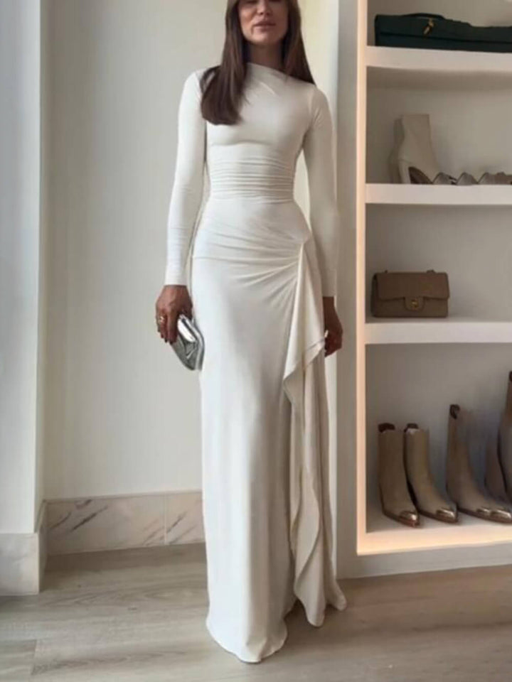 Seraphina - Elegant Ruched Side Slit Drape Ruffles Back Lace-up Stretch Maxi Dress