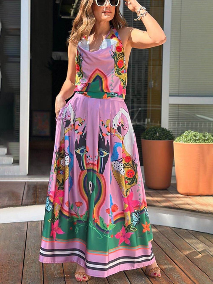 Selene - Elegance Unique Satin Print Back Tie-up Pocket Halter Maxi Dress