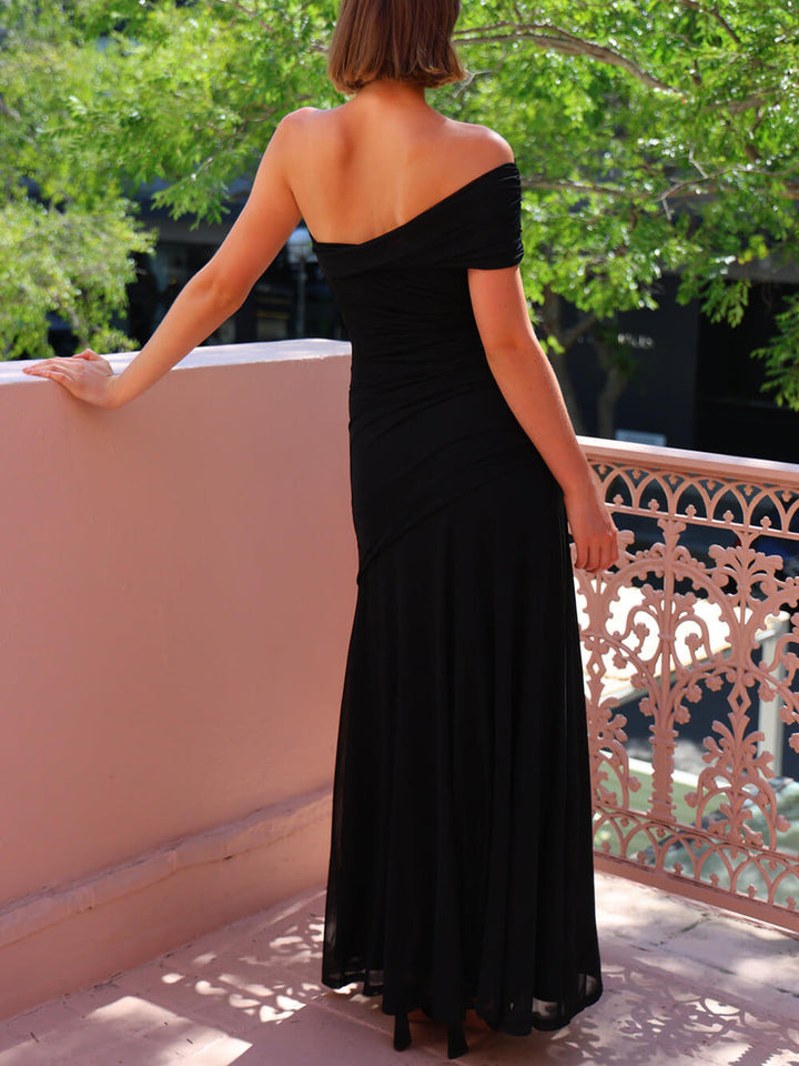 Sienna - Elegance Effortless Mesh Off Shoulder Ruched Stretch Maxi Dress