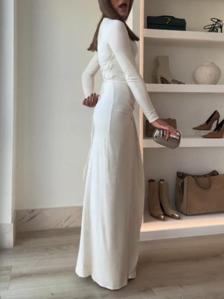 Seraphina - Elegant Ruched Side Slit Drape Ruffles Back Lace-up Stretch Maxi Dress