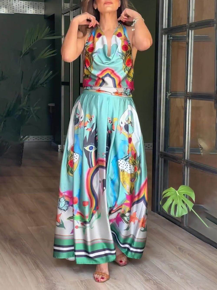 Selene - Elegance Unique Satin Print Back Tie-up Pocket Halter Maxi Dress