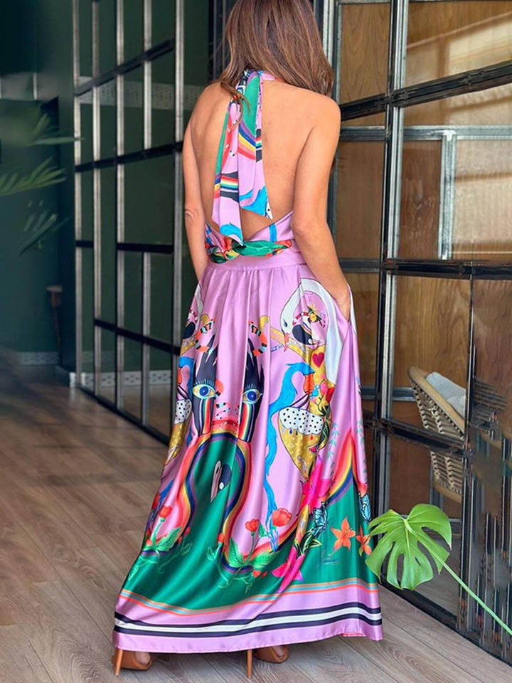 Selene - Elegance Unique Satin Print Back Tie-up Pocket Halter Maxi Dress