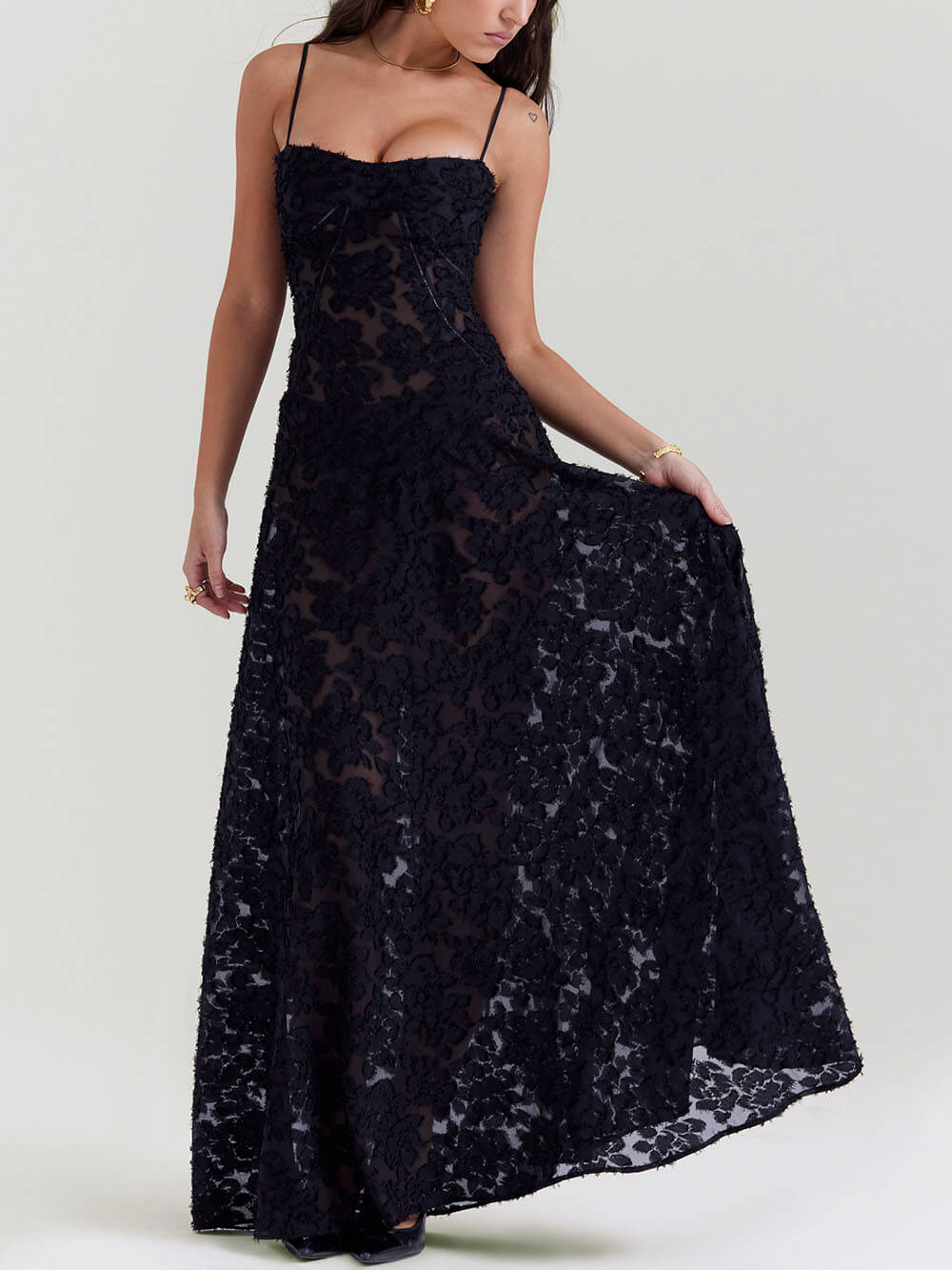 Seraphina - Black Floral Lace Back Maxi Dress