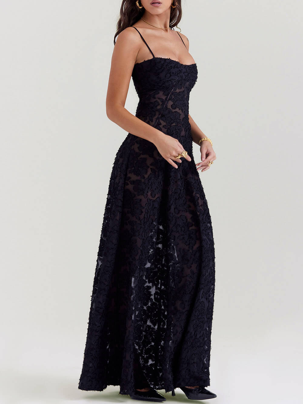 Seraphina - Black Floral Lace Back Maxi Dress