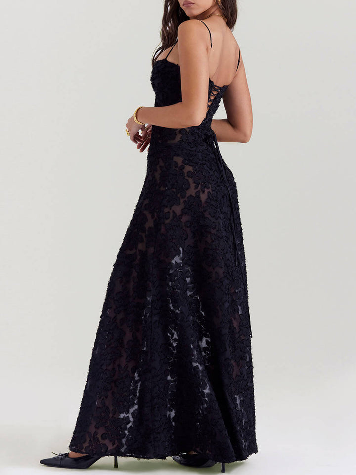 Seraphina - Black Floral Lace Back Maxi Dress