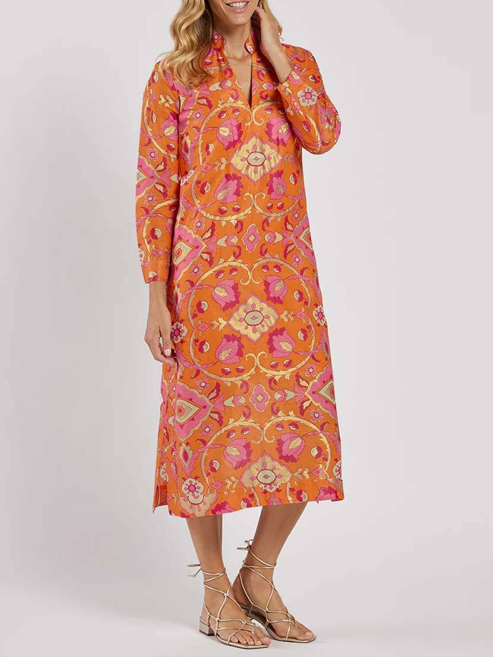 Vivienne - Stand Collar Printed Midi Dress