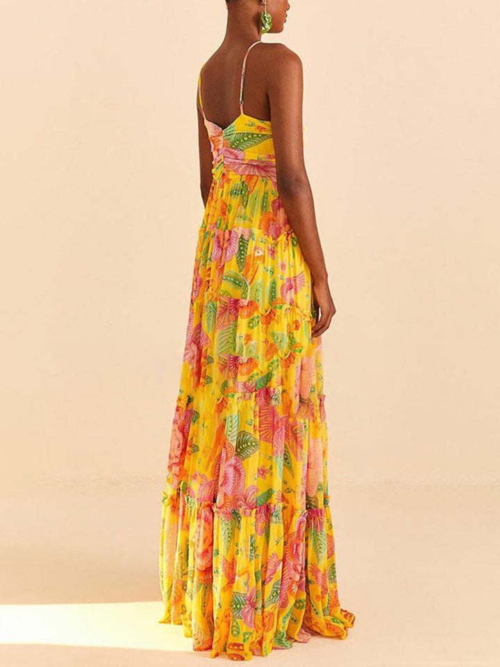 Solene - Hanging Neck Printed Floral Design Backless Straight Maxi Dress