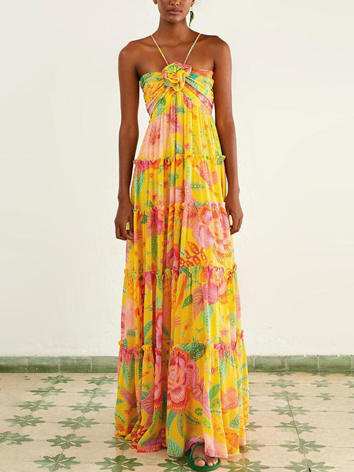 Solene - Hanging Neck Printed Floral Design Backless Straight Maxi Dress