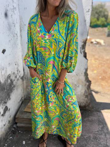 Aveline - Printed V-neck Pullover Long-sleeved Loose Dress