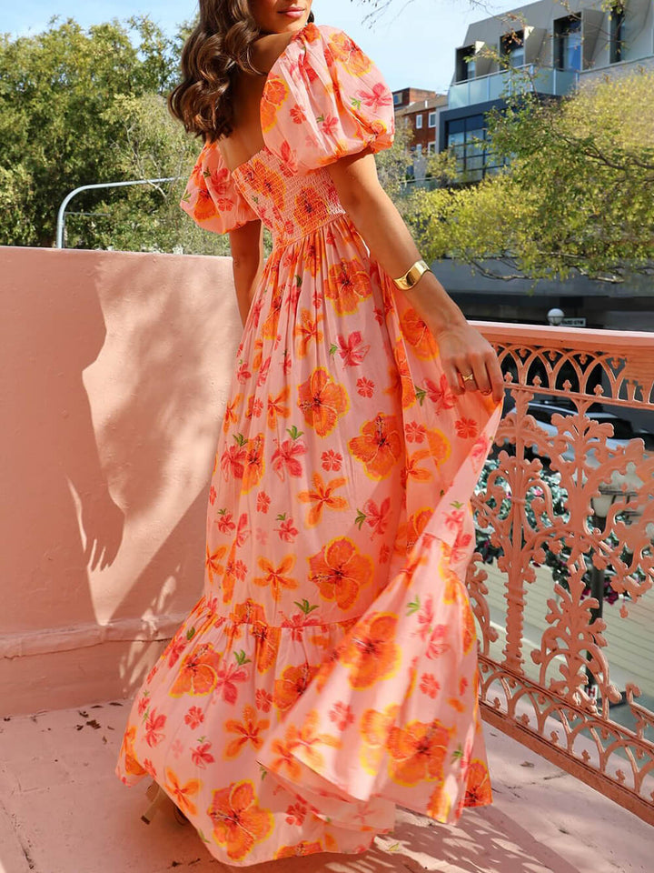 Amara - Floral Print Puff Sleeve Back Smocked Pocket Maxi Dress