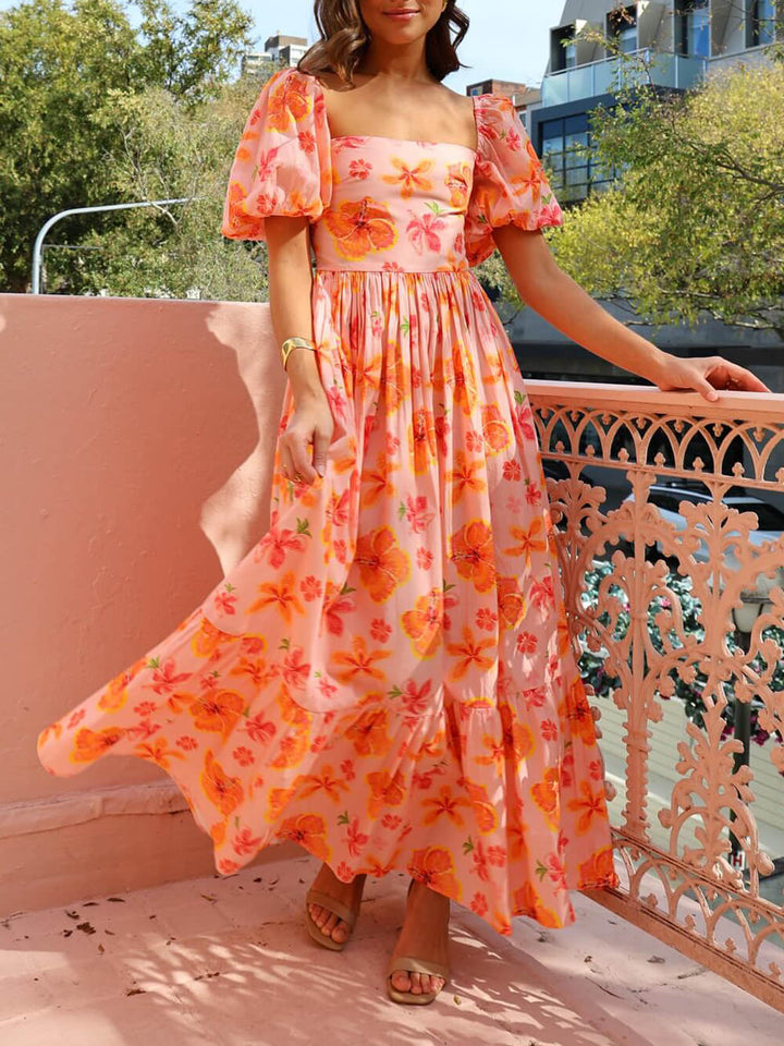Amara - Floral Print Puff Sleeve Back Smocked Pocket Maxi Dress