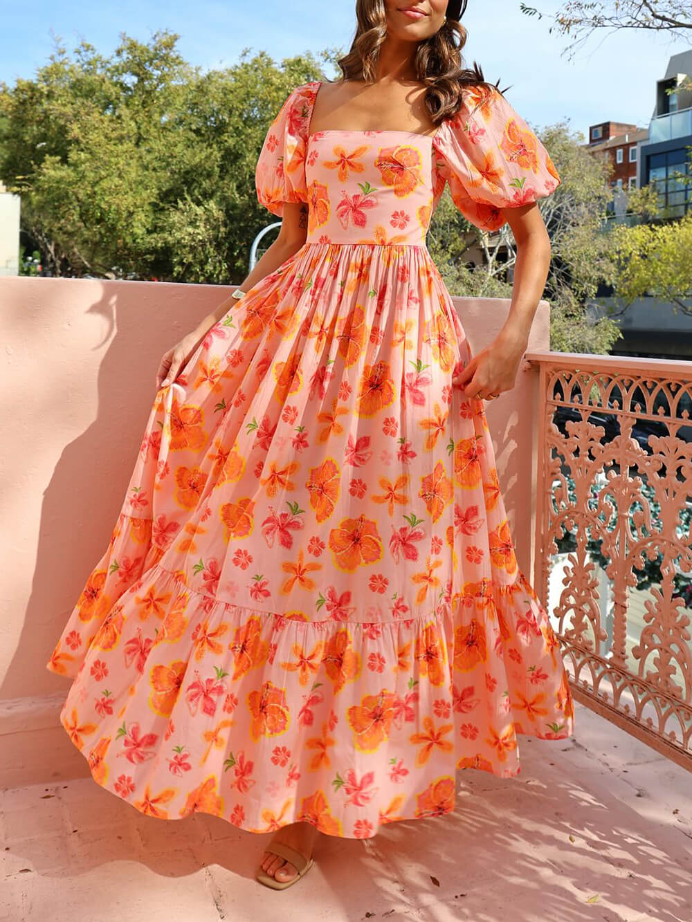Amara - Floral Print Puff Sleeve Back Smocked Pocket Maxi Dress