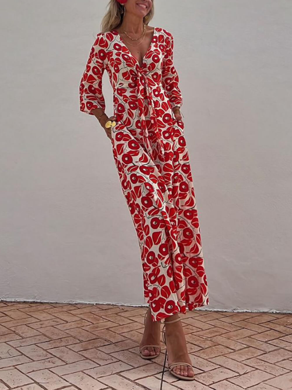 Calla - Vacation Floral Print Smocked Off Shoulder Pocketed Maxi Dress