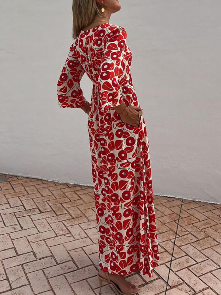 Calla - Vacation Floral Print Smocked Off Shoulder Pocketed Maxi Dress