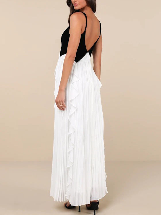 Sasha - Elegant V-neck Black And White Pleated Maxi Dress