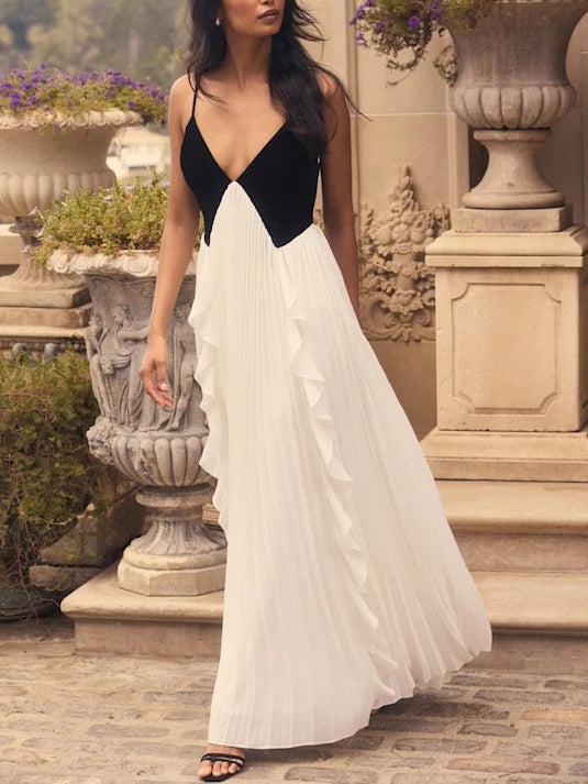 Sasha - Elegant V-neck Black And White Pleated Maxi Dress