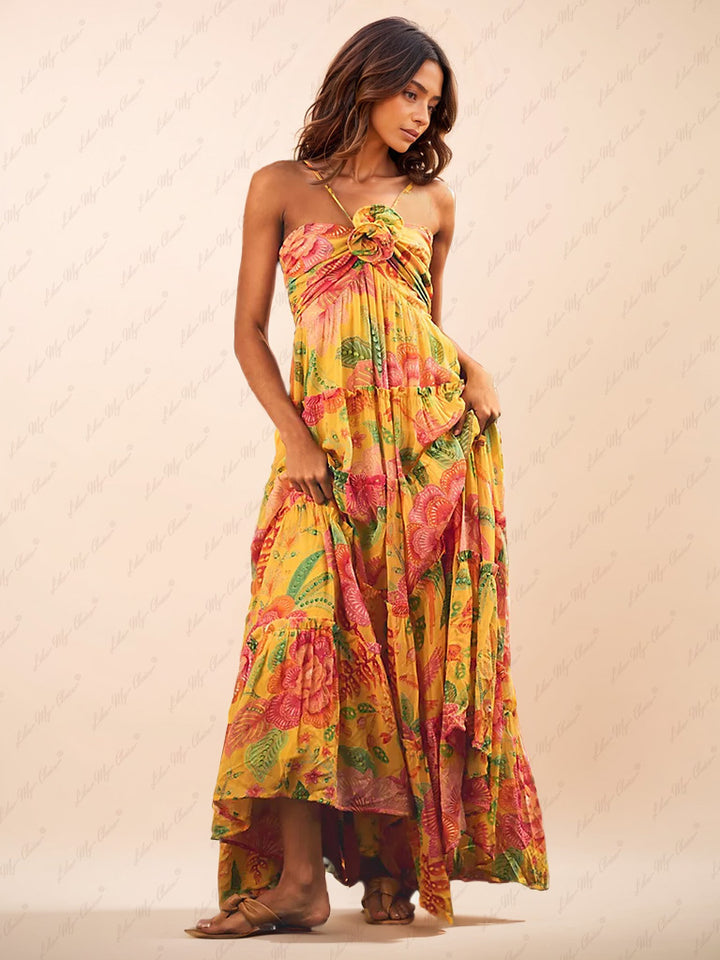 Solene - Hanging Neck Printed Floral Design Backless Straight Maxi Dress