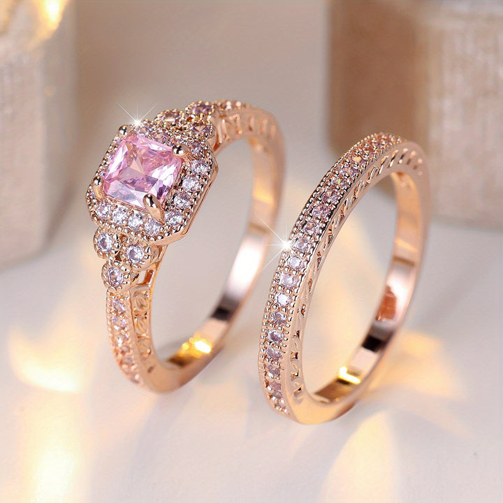 Ariana – Sparkling Pink Zirconia Wedding Ring Set