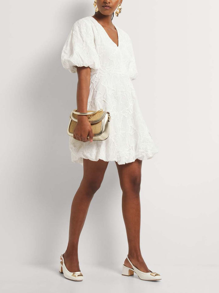 Lola - Elegant V-neck Embroidered Puff Sleeves Mini Dress