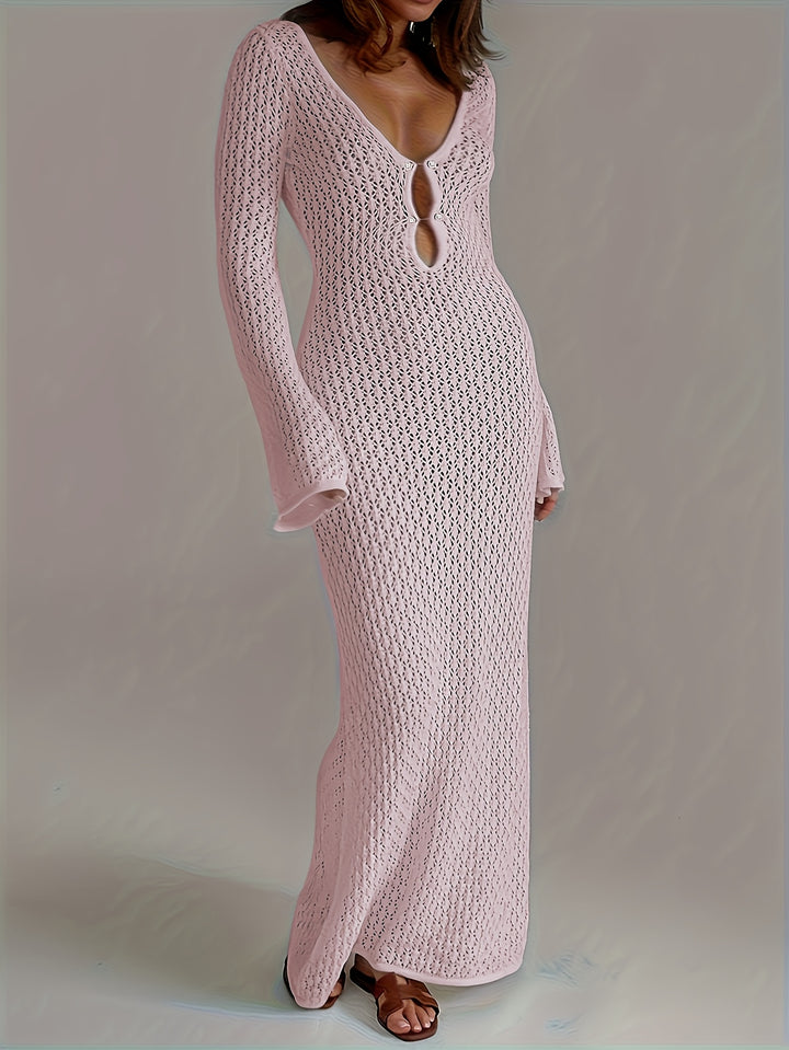 Selena - Solid Color Crochet Long Sleeve Beach Knit Dress
