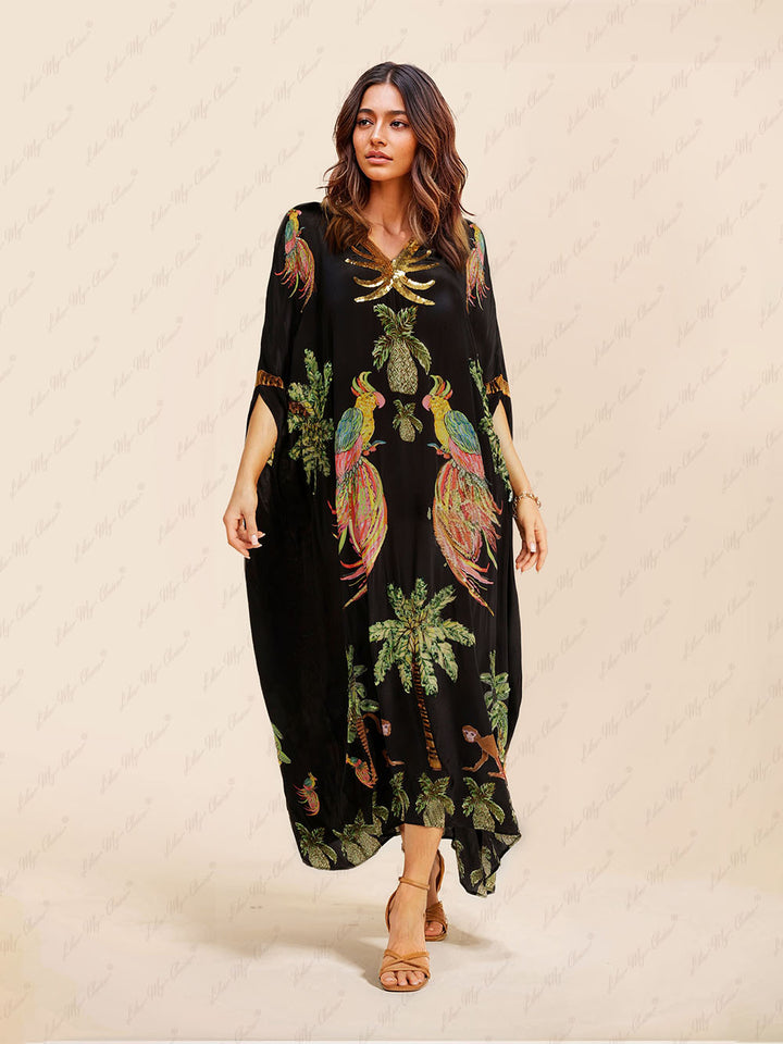 Kaia - Unique Drop Shoulder Sleeve Coconut Tree Printed Dress
