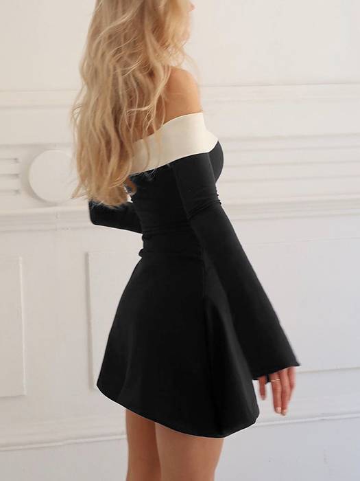 Harper - Color Block Off-Shoulder Long Sleeve Short Dress