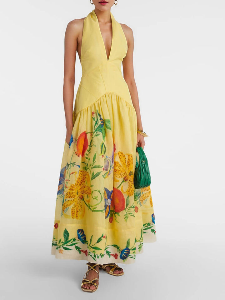 Seraphina - Elegant And Aexy Vackless Dahlia Foral Print Maxi Dress