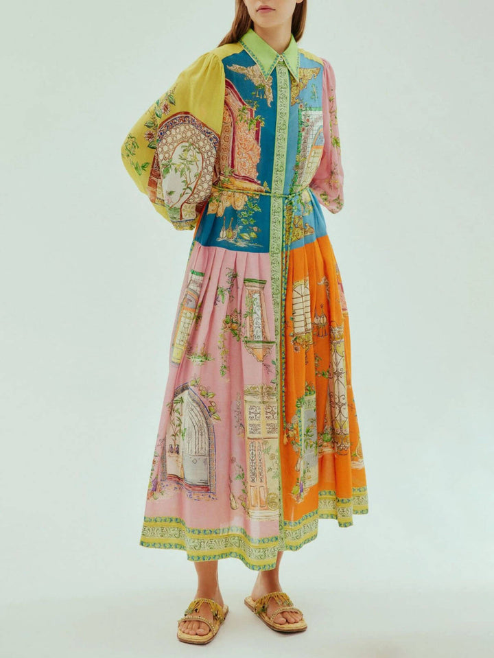 Amara - Exquisite Garden Print Button-Down Midi Dress
