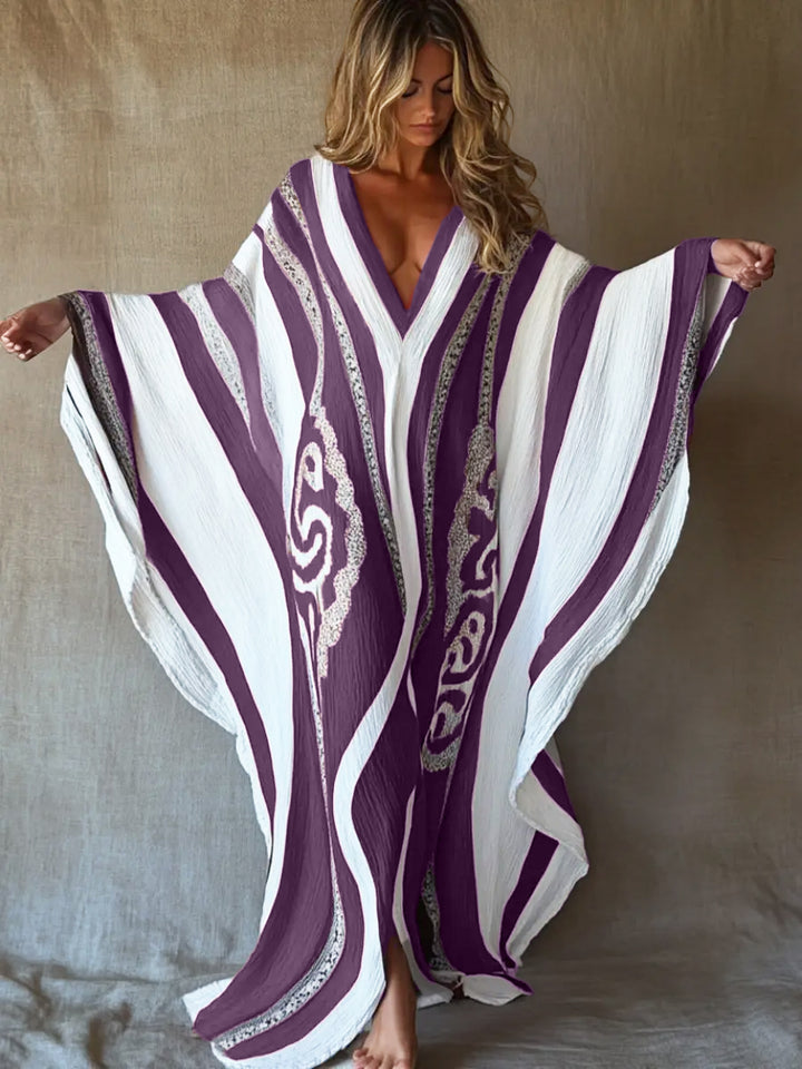 Butterfly -  Brushstroke Symphony Art Red-White Linen V-Neck Robe