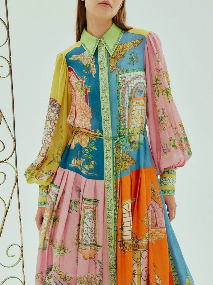 Amara - Exquisite Garden Print Button-Down Midi Dress