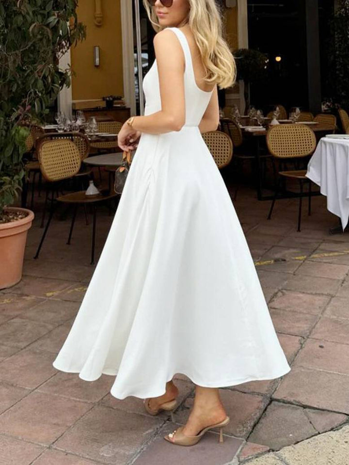 Elara - Elegant Sling Square Collar Large Swing MidI Dress