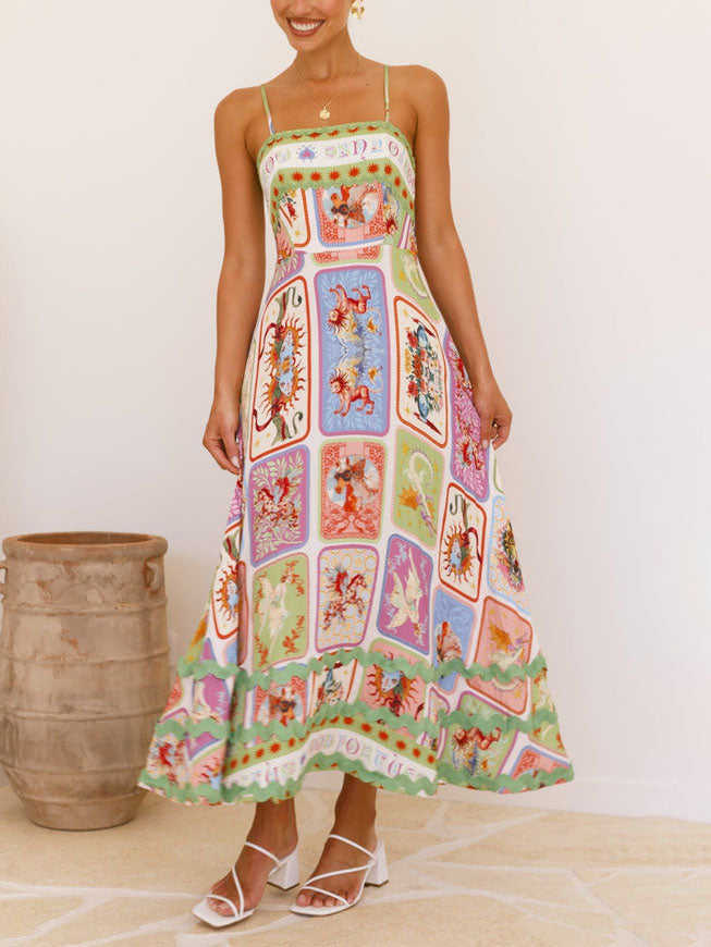 Elara - Unique Painted Print Sleeveless Lace Maxi Dress