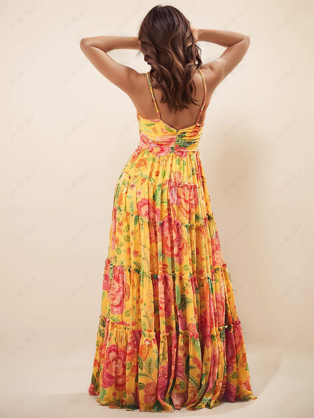 Solene - Hanging Neck Printed Floral Design Backless Straight Maxi Dress