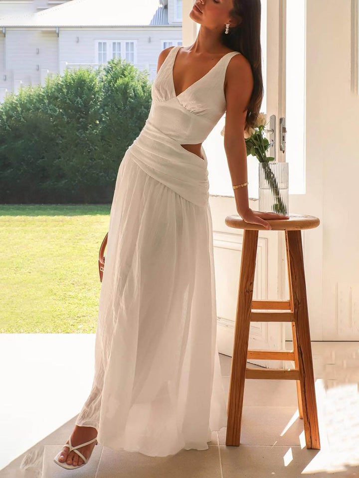 Tasha - Elegant Backless Pleated V-Neck Splicing Maxi Dress