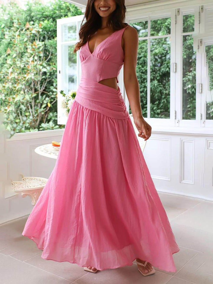 Tasha - Elegant Backless Pleated V-Neck Splicing Maxi Dress