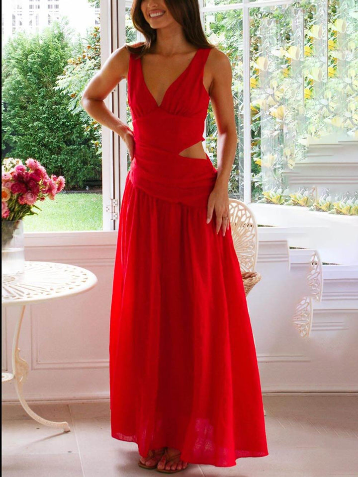 Tasha - Elegant Backless Pleated V-Neck Splicing Maxi Dress